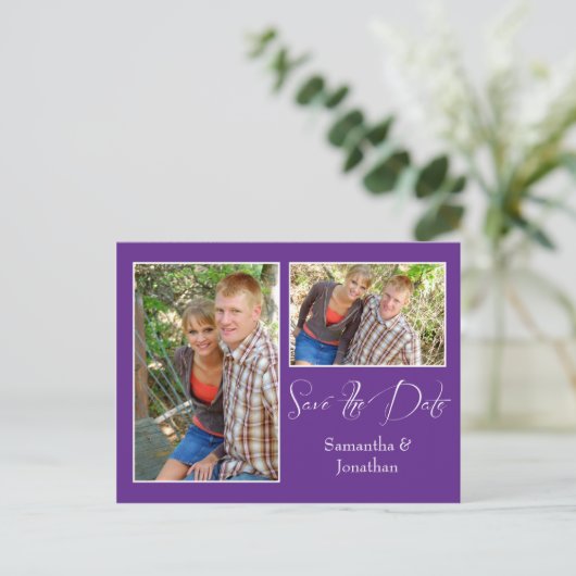 Moderne Paarse witte fotocollage Bewaar de datum Aankondigingskaart (Staand voorkant)