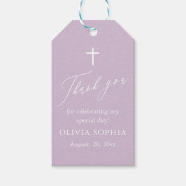 Moderne paarse witte kruis meisje doop favor tags cadeaulabel