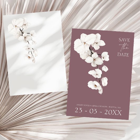 Moderne Paarse Witte Orchidee Bloemige Bruiloft Save The Date
