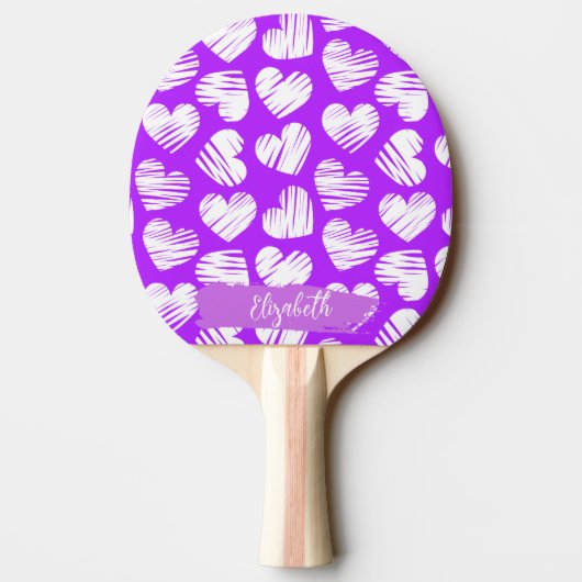 Moderne Paarse Witte Tekening Hart Valentijn Naam Tafeltennisbatje (Achterkant)