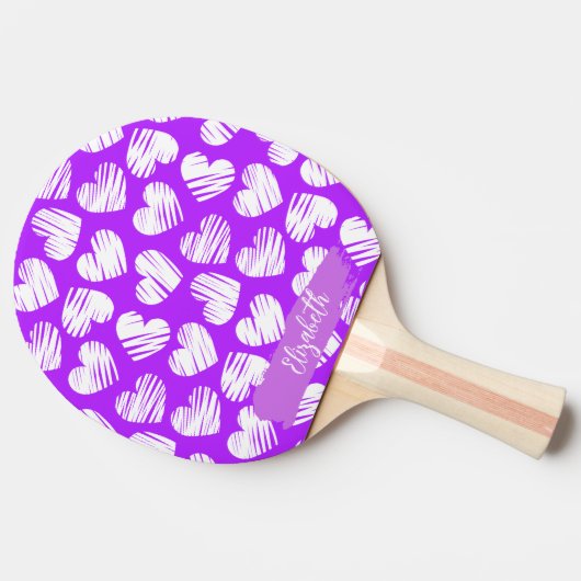 Moderne Paarse Witte Tekening Hart Valentijn Naam Tafeltennisbatje (Zijkant)