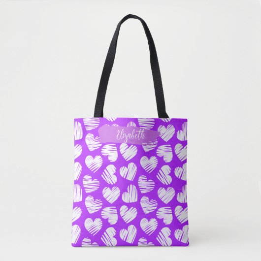 Moderne Paarse Witte Tekening Hart Valentijn Naam Tote Bag (Voorkant)