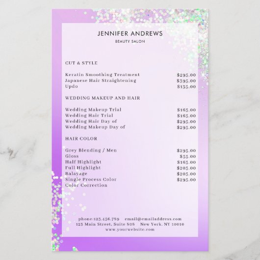 Moderne Paarse zilver Glitter Salon-prijslijst Flyer (Voorkant)