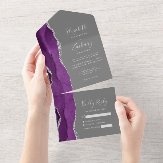 Moderne Paarse zilveren agaat grijs bruiloft All In One Uitnodiging (Afscheurbaar)