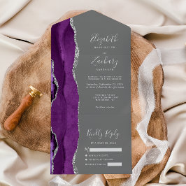 Moderne Paarse zilveren agaat grijs bruiloft All In One Uitnodiging