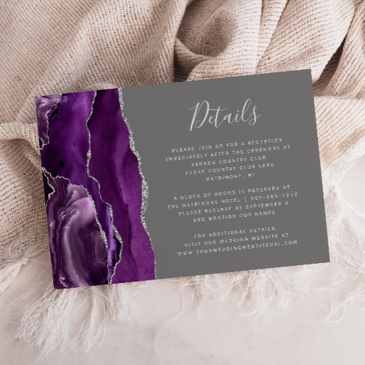 Moderne Paarse zilveren agaat grijs bruiloft detai Informatiekaartje