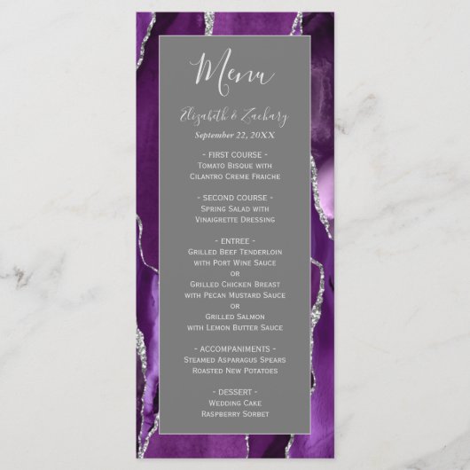 Moderne Paarse zilveren agaat grijs bruiloft Menu (Voorkant)