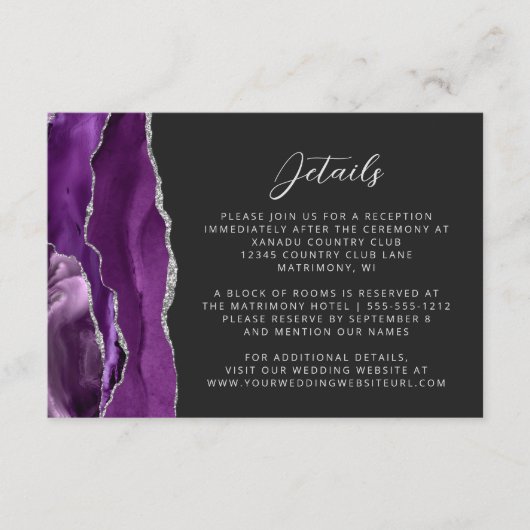 Moderne Paarse zilveren agaat leisteen bruiloft de Informatiekaartje (Voorkant)