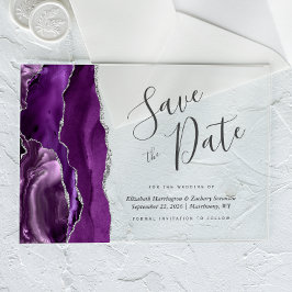 Moderne paarse zilveren agaat Save the Date kaart Acryl Uitnodigingen