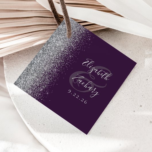 Moderne Paarse Zilveren Glitter Bruiloft Bedankjes Labels