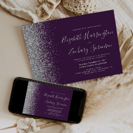 Moderne Paarse Zilveren Glitter Bruiloft Kaart