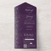 Moderne Paarse zilveren glitter QR-code bruiloft All In One Uitnodiging (Binnen)