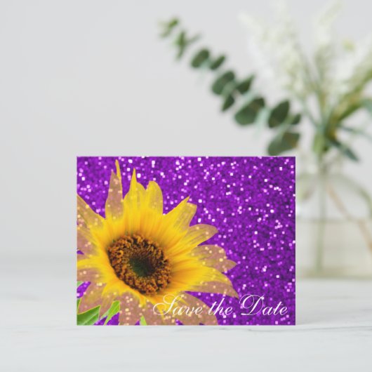 Moderne Paarse zonnebloempels voor bruiloft Save The Date (Staand voorkant)
