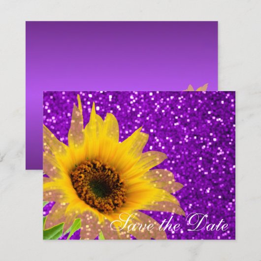 Moderne Paarse zonnebloempels voor bruiloft Save The Date (Voorkant / Achterkant)