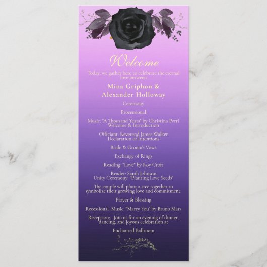 Moderne Paarse Zwarte Roos Goth Foto Bruiloft Programmakaart (Voorkant)