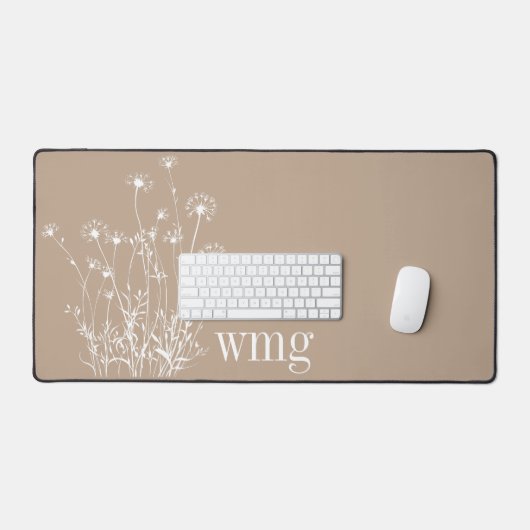 Moderne Paddestoel Tan & Witte Wildbloemen Monogra Bureaumat (Keyboard & Muis)