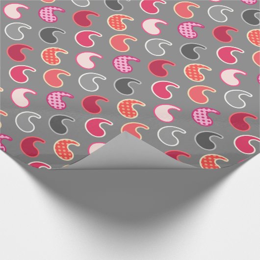 Moderne Paisley-patroon, koraal, roze op grijs / g Cadeaupapier (Hoek)