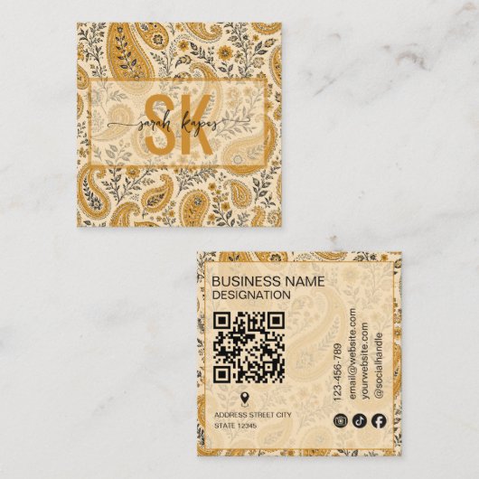 Moderne paisley patroon monogram Qr Code Vierkante Visitekaartje (Voorkant / Achterkant)