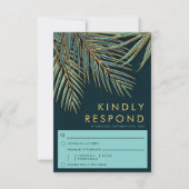 Moderne Palm Gold Blauwgroen Strand Bruiloft Maalt RSVP Kaartje (Voorkant)