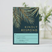 Moderne Palm Gold Blauwgroen Strand Bruiloft Maalt RSVP Kaartje (Staand voorkant)