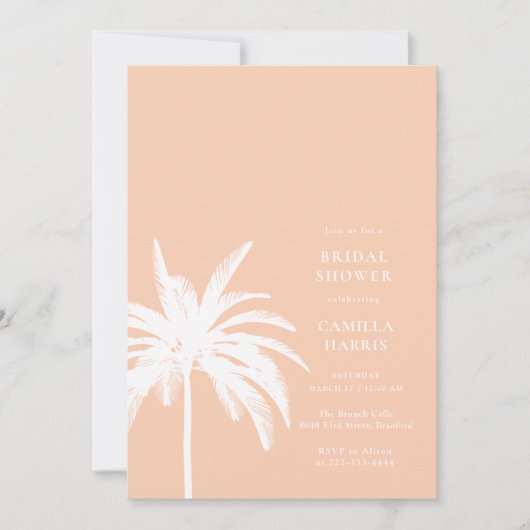 Moderne Palm Peach Bruidsdouche uitnodiging (Voorkant)