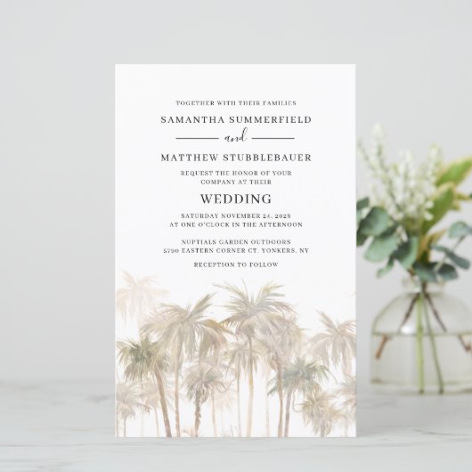 Moderne palmbomen Kustbruiloft uitnodiging (Staand voorkant)