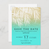 Moderne palmboom goud aqua save the date aankondigingskaart (Voorkant / Achterkant)