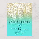 Moderne palmboom goud aqua save the date aankondigingskaart (Voorkant)