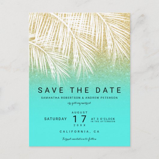 Moderne palmboom goud aqua save the date aankondigingskaart (Voorkant)
