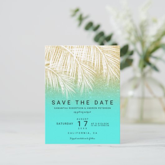 Moderne palmboom goud aqua save the date aankondigingskaart (Staand voorkant)