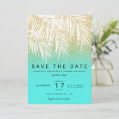 Moderne palmboom goud aqua save the date kaart (Staand voorkant)