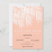 Moderne palmboom perzik zalm save the date kaart (Voorkant)