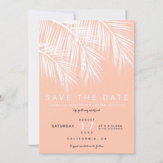 Moderne palmboom perzik zalm save the date kaart (Voorkant)