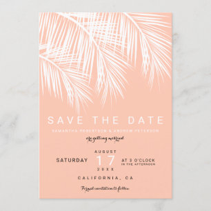Moderne palmboom perzik zalm save the date kaart