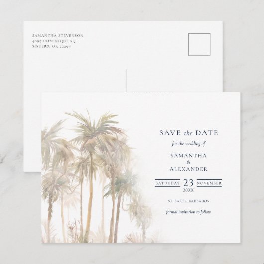 Moderne Palmboom Trouw Save The Date Aankondigingskaart (Voorkant / Achterkant)