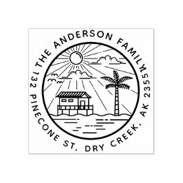 Moderne palmboom & zon ronde familienaam adres rubberstempel