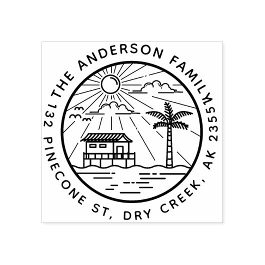 Moderne palmboom & zon ronde familienaam adres rubberstempel (Afrduk)