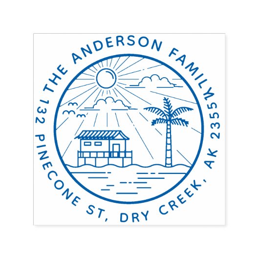 Moderne palmboom & zon ronde familienaam adres  zelfinktende stempel (Design)