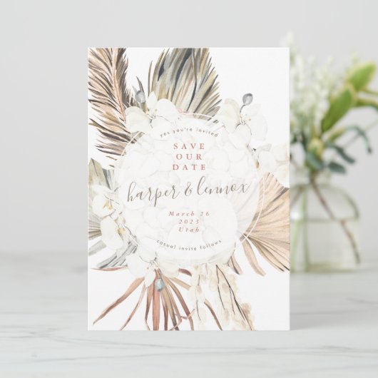 Moderne pampas boho bek zomer arch bewaar de datum save the date (Staand voorkant)