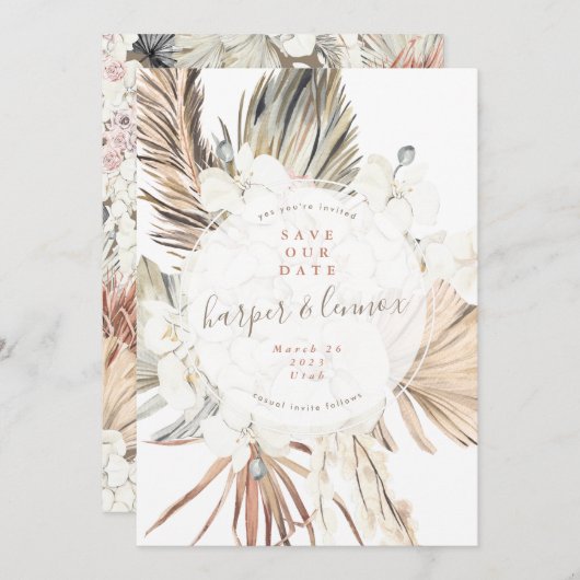 Moderne pampas boho bek zomer arch bewaar de datum save the date (Voorkant / Achterkant)