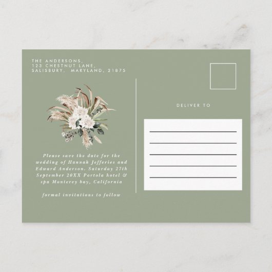 Moderne pampas eucalyptus sage groene elegant aankondigingskaart (Achterkant)