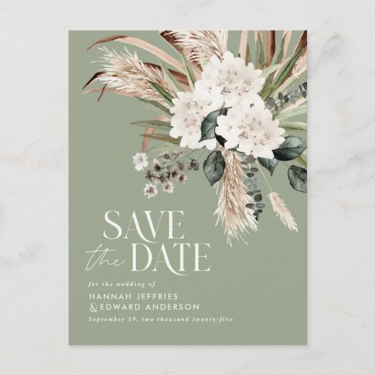 Moderne pampas eucalyptus sage groene elegant aankondigingskaart (Voorkant)