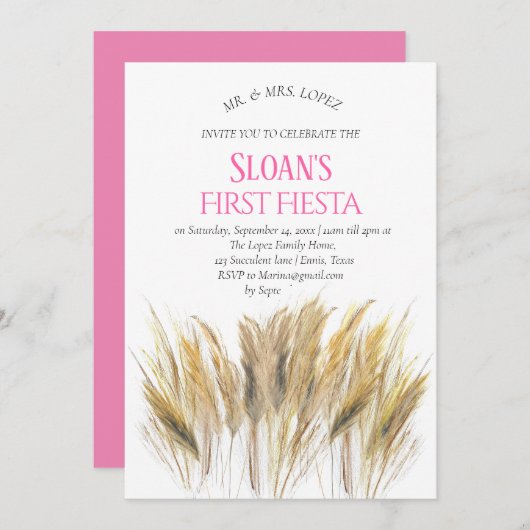 Moderne Pampas gras eerste Fiesta roze verjaardag Kaart (Voorkant / Achterkant)