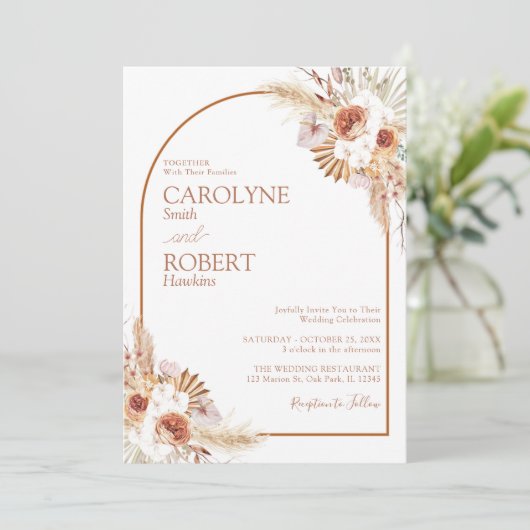 moderne pampas grass bohemian terracotta bruiloft kaart (Staand voorkant)