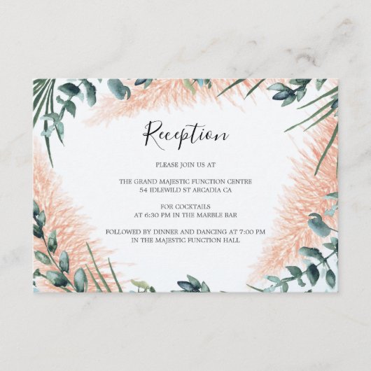 Moderne Pampas groen loof bruiloft receptie Informatiekaartje (Voorkant)