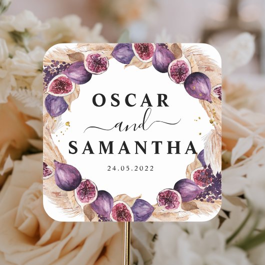 Moderne Pampas & Paarse Vijgen Schoonheid Kader Vierkante Sticker