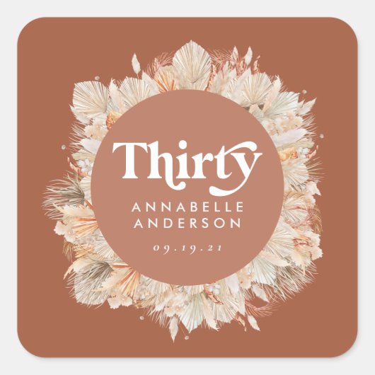 Moderne pampas terracotta, 30ste verjaardag vierkante sticker (Voorkant)