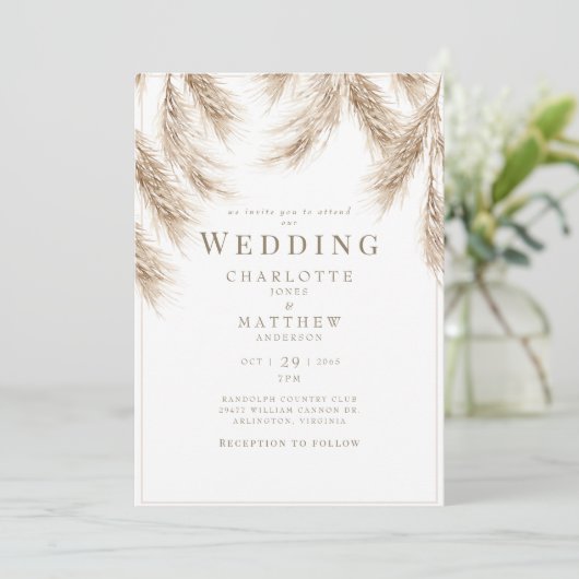 Moderne pampas witte bruiloft uitnodiging (Staand voorkant)