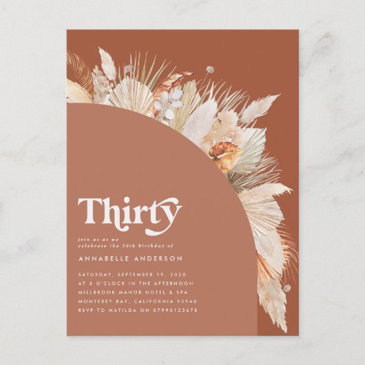 Moderne pampasgras 30e verjaardag terracotta briefkaart (Voorkant)