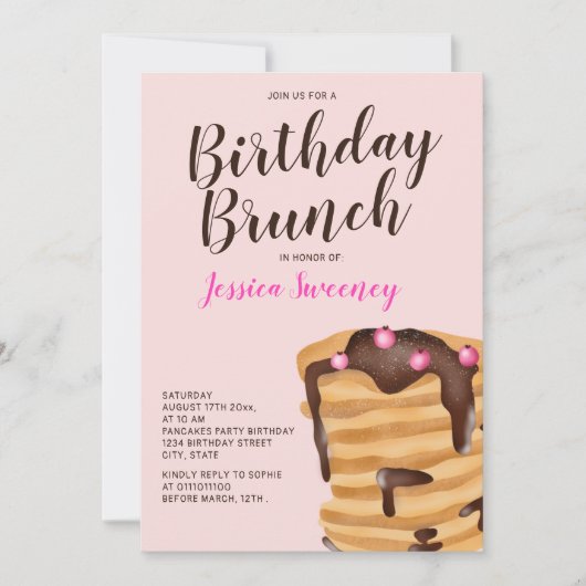 Moderne pancake verjaardagsbrunch illustratie roze kaart (Voorkant)